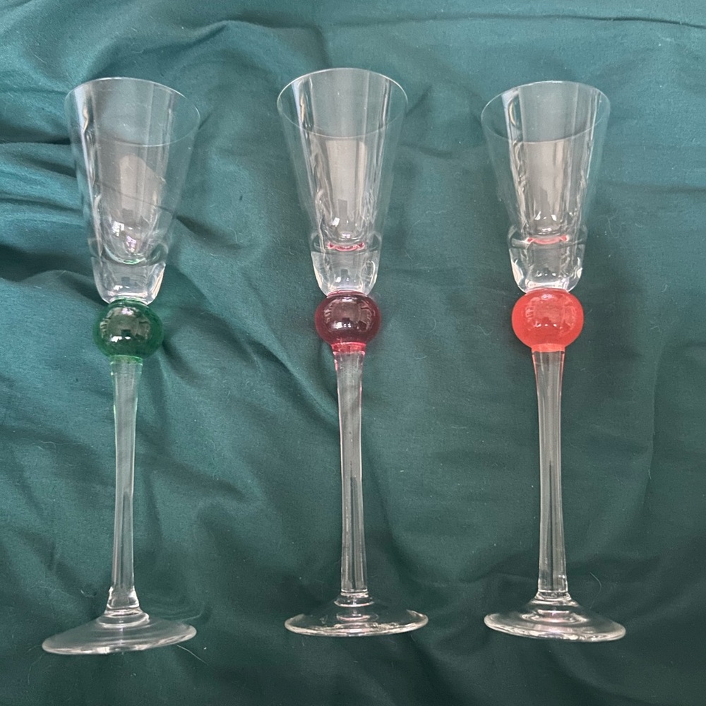 Set of Three Colorful Stem Champagne Flutes